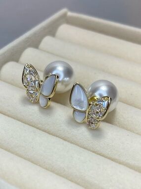 Gold and White Butterfly Crystal Stud Earrings - Women's Jewelry